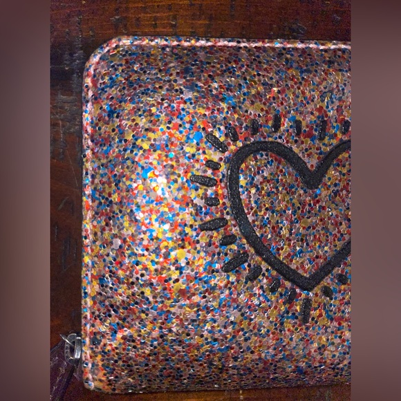 Coach X Keith Haring small zip around leather multi glitter wallet G/EC ~ - Picture 2 of 16